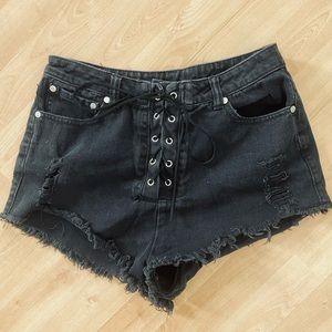 Lace up high waisted black denim shorts